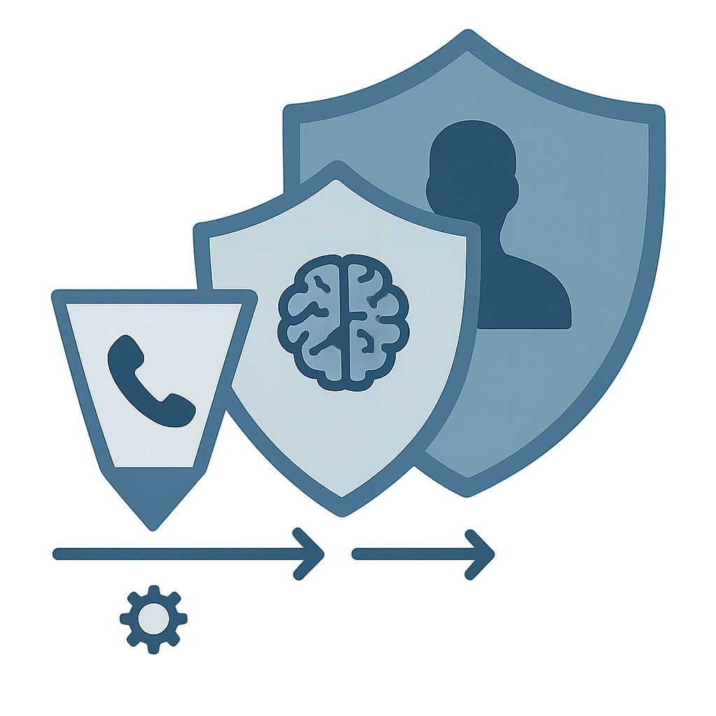 Infographic of a multi-layered call capture system showing a call passing through a VoIP system, an AI Receptionist, and a human backstop.