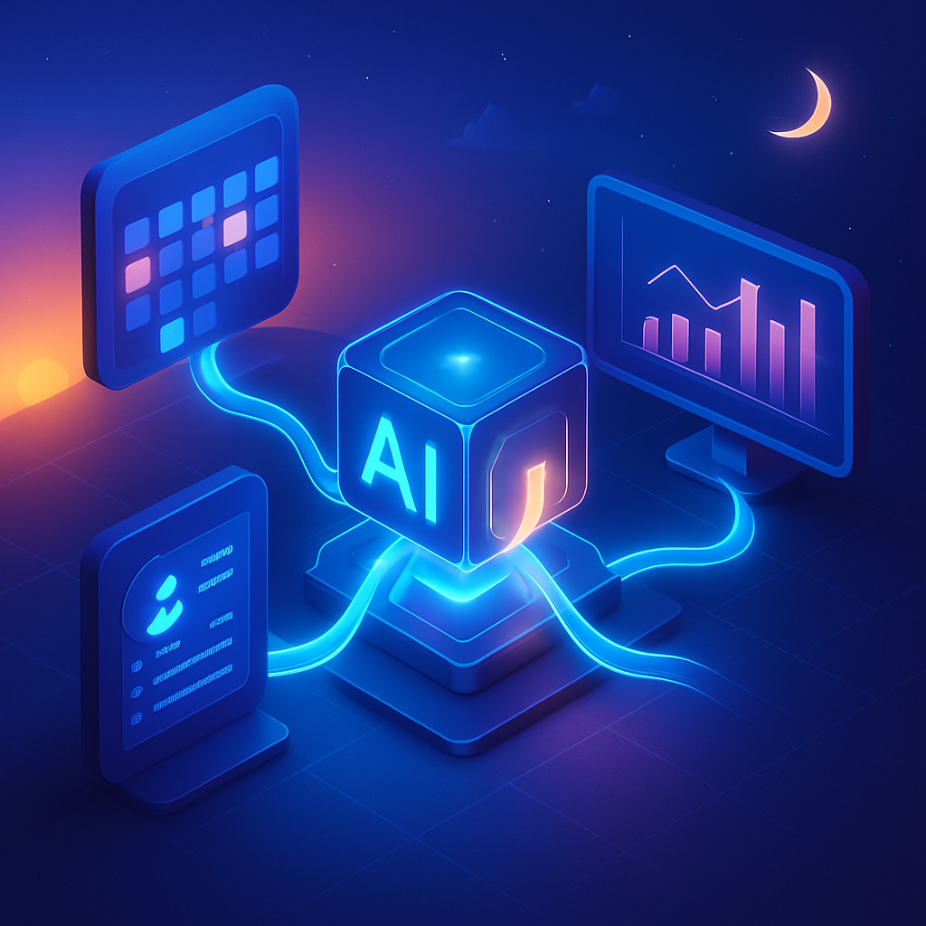 Isometric illustration of a central AI core automating business tasks, sending data to a calendar, CRM, and analytics charts, emphasizing 24/7 operation.