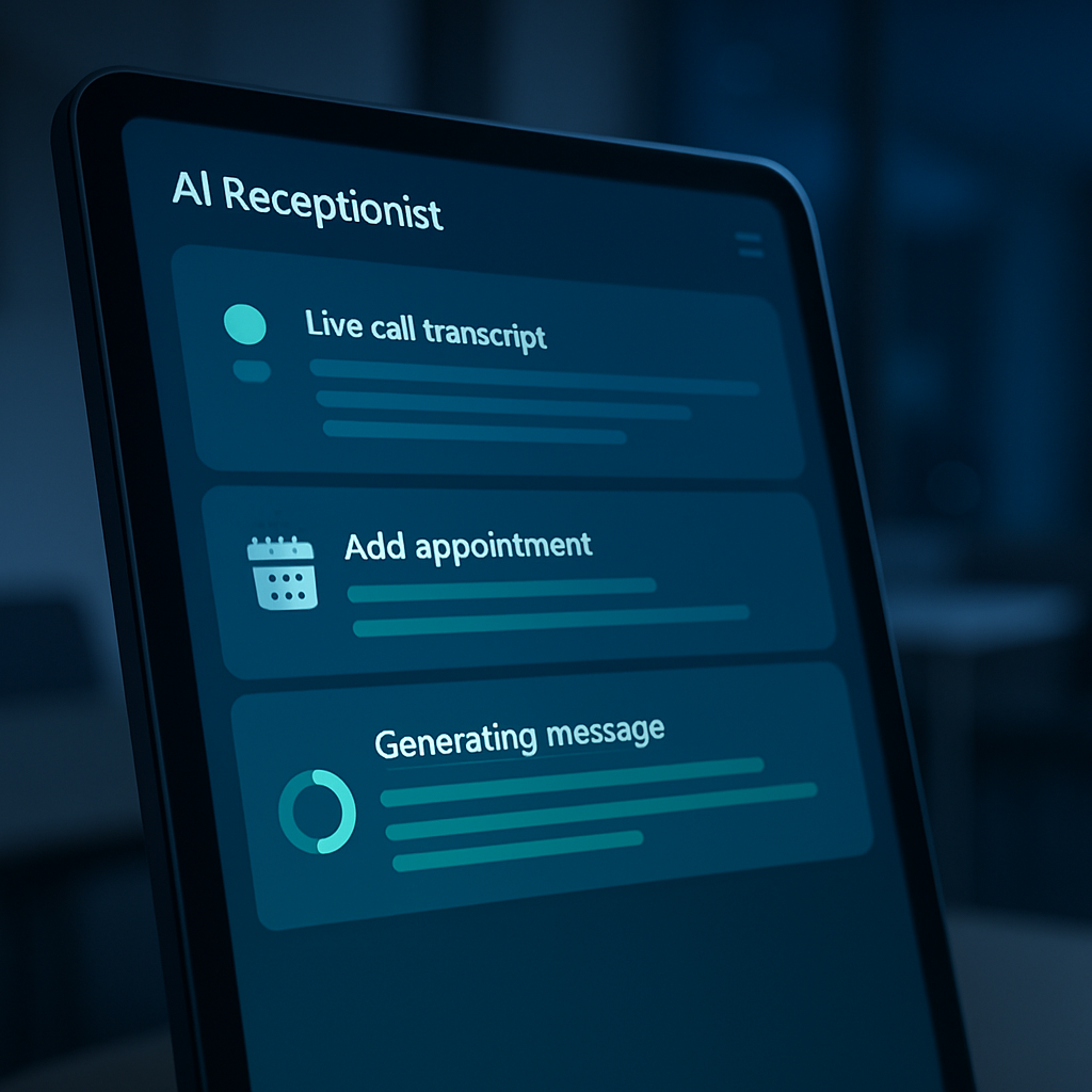 A tablet screen displaying an AI receptionist dashboard at night, showing call transcripts, appointment scheduling, and message summaries, highlighting automated efficiency.
