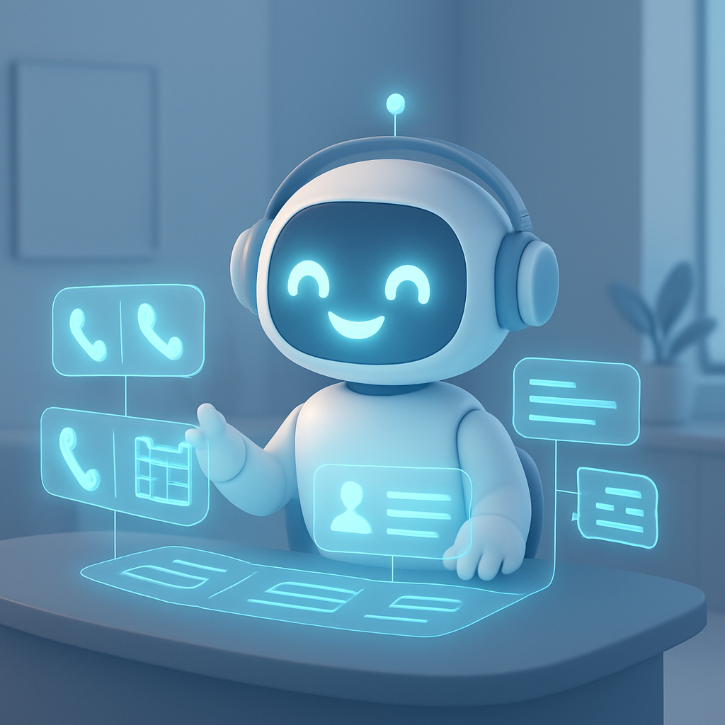 A friendly AI robot at a futuristic dashboard efficiently manages multiple calls and appointments simultaneously.