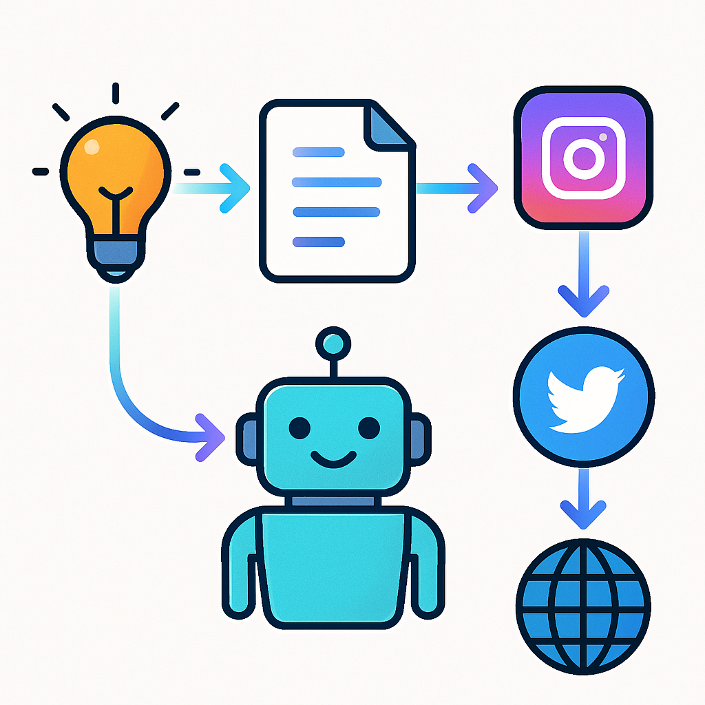 A modern flowchart illustrating a seamless, automated workflow from a lightbulb idea icon to social media and website icons.