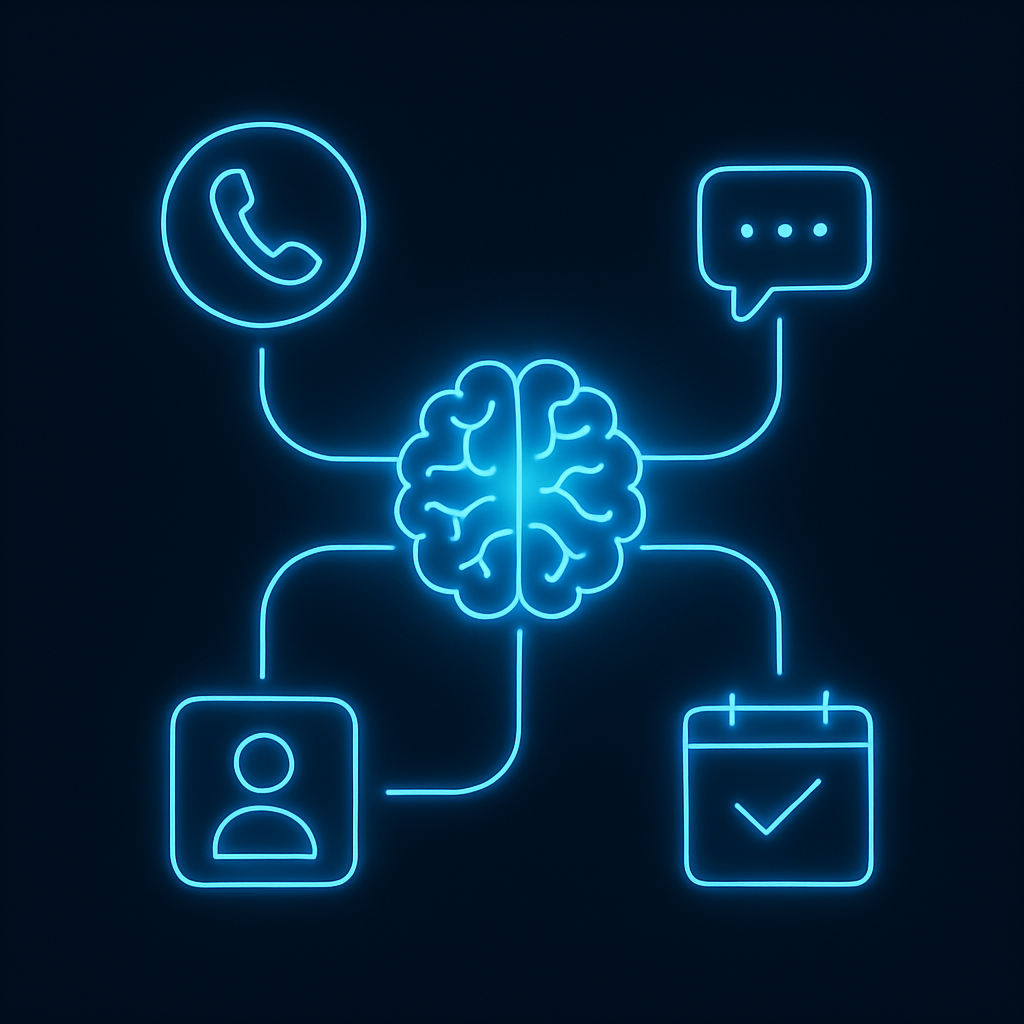 An abstract workflow diagram showing an AI brain receiving a phone call and connecting it to lead capture, automated booking, and text follow-up.