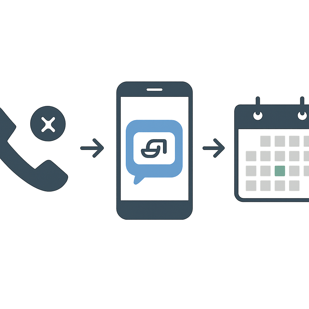 A three-step infographic showing an automated workflow: a missed call icon leads to a smartphone with an automated text, which leads to a calendar with a booked appointment.