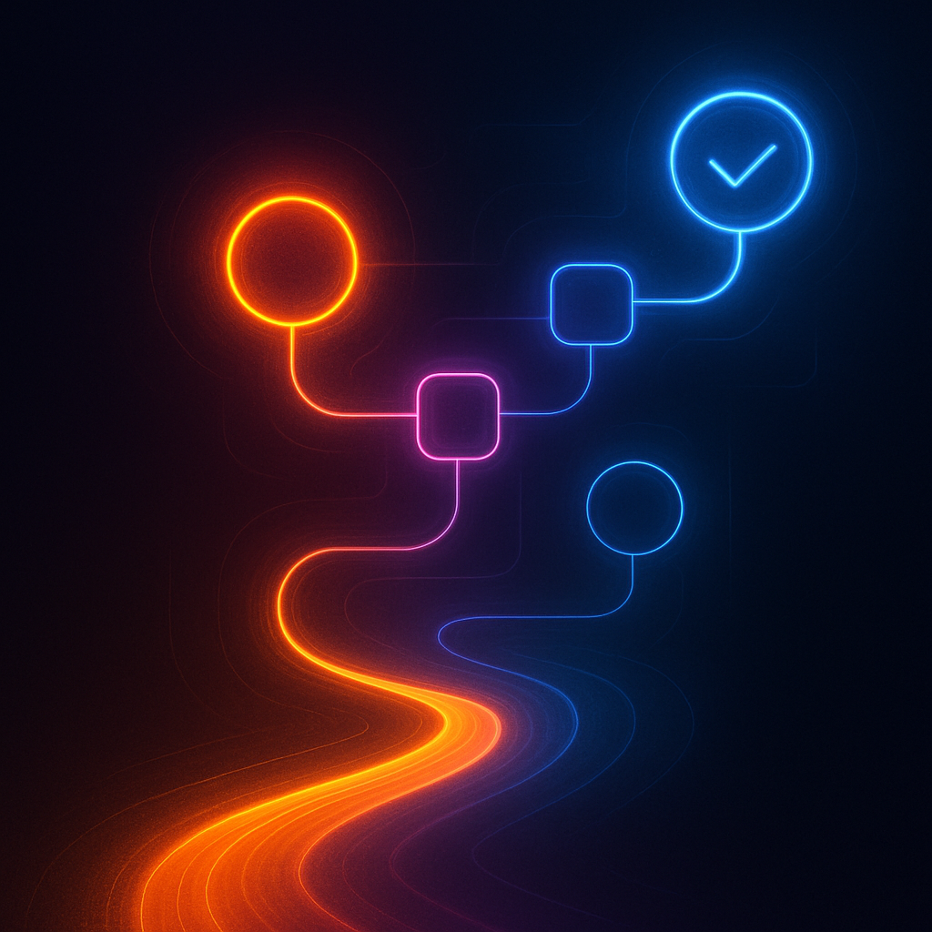 An abstract digital art piece showing a glowing, winding path through several nodes, symbolizing the structured four-step flow of a high-converting AI script.