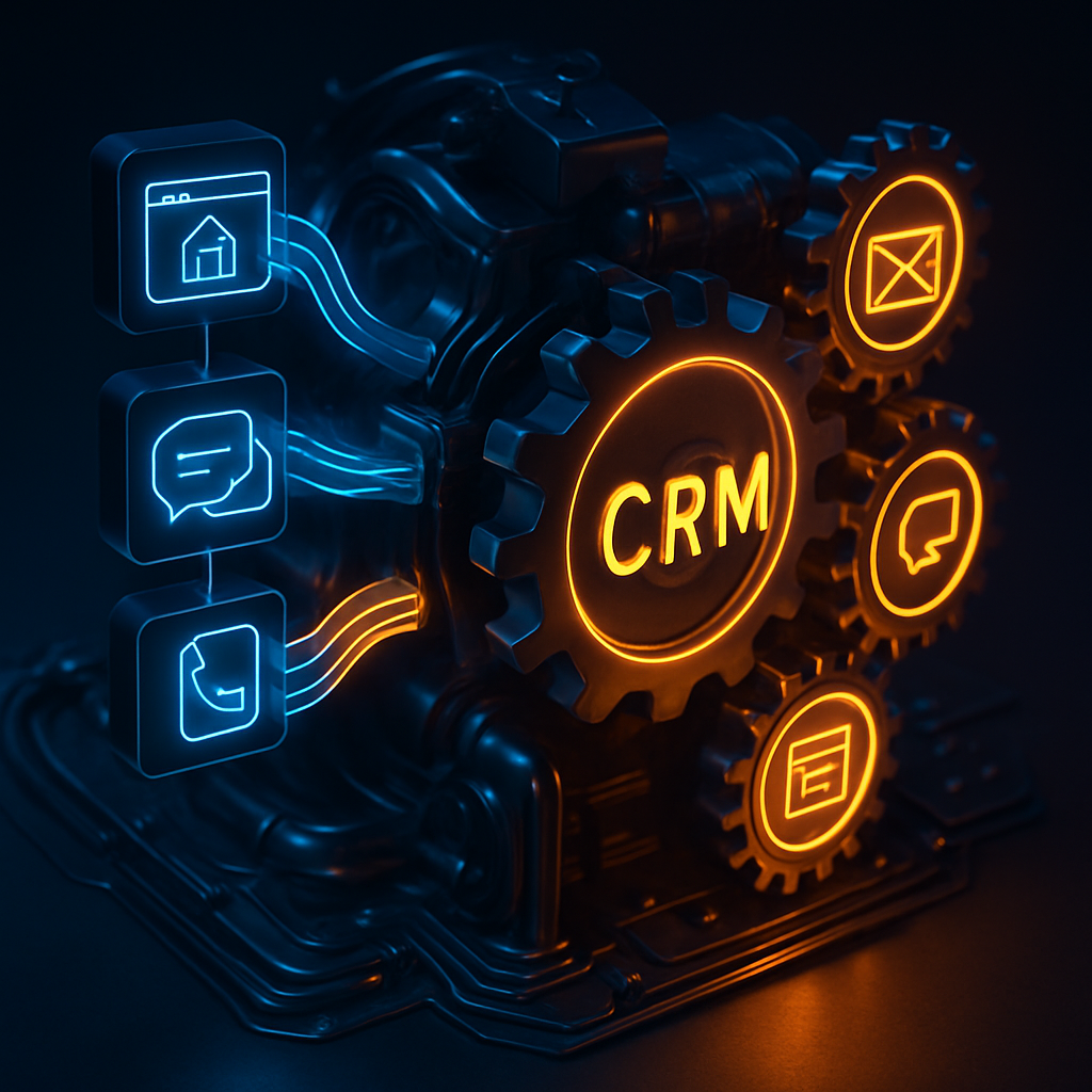 A glowing digital engine showing data flowing from website, social media, and phone icons into a central CRM gear which powers automated tasks.