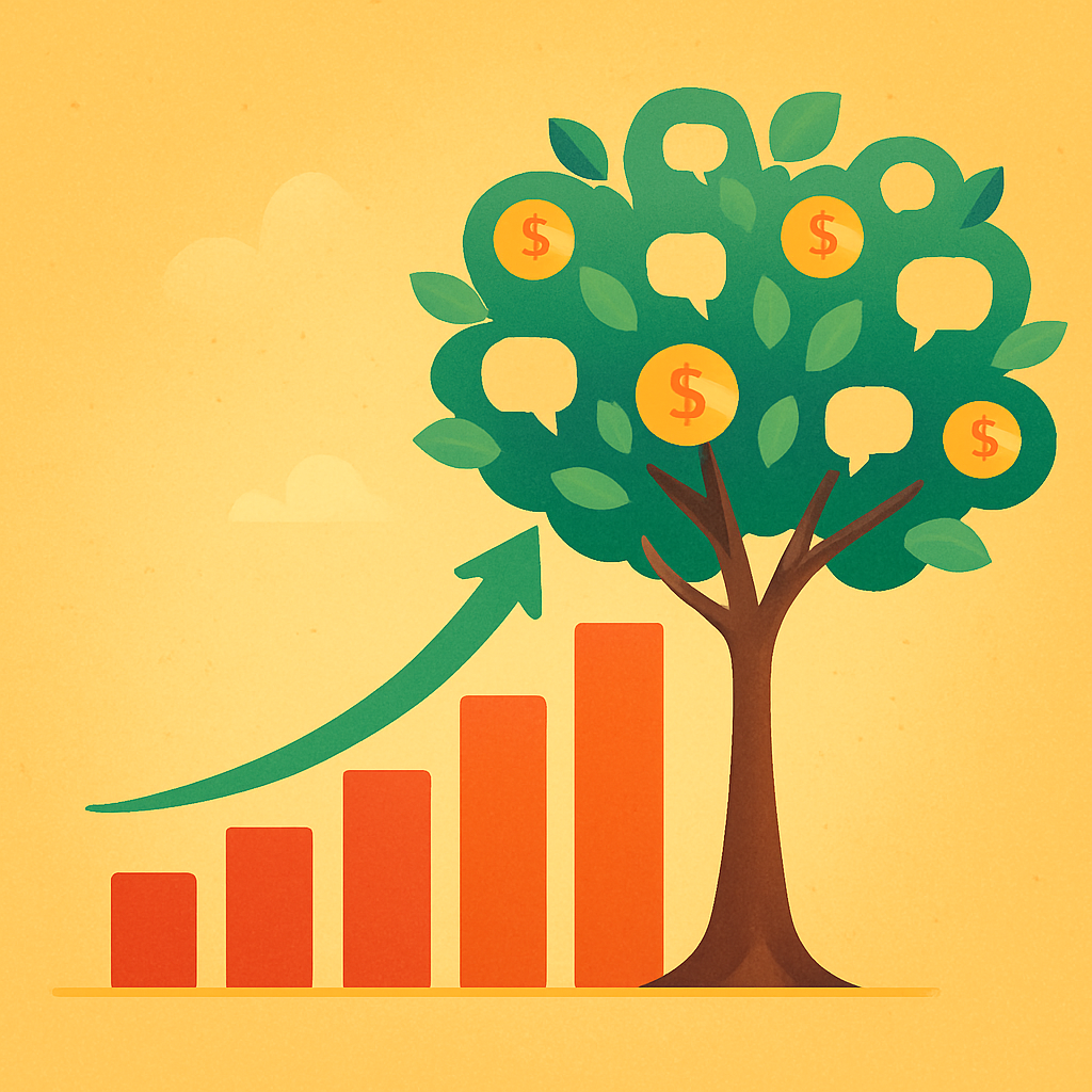 An illustrated bar chart transforms into a growing tree with currency and speech bubble icons for leaves, representing the positive ROI of AI communication.
