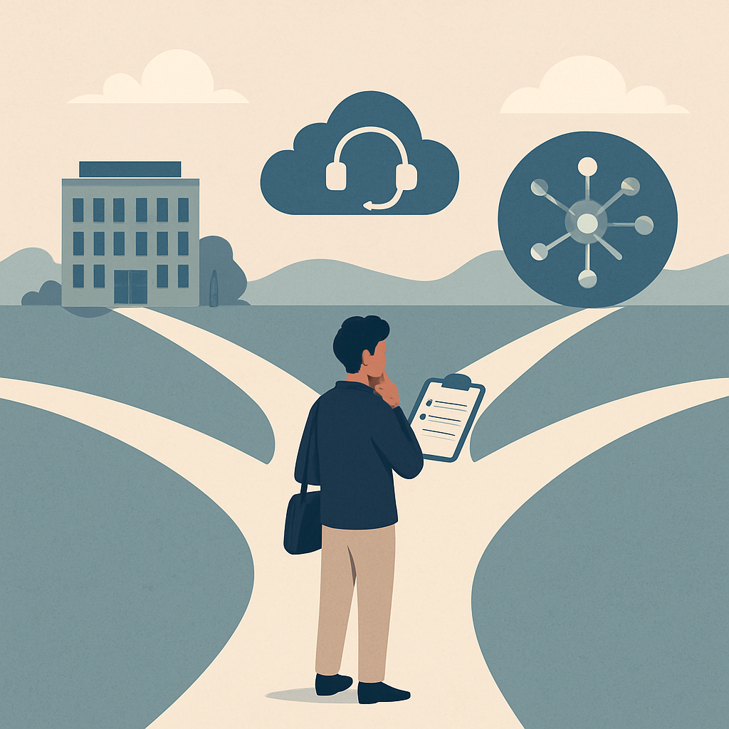 A vector illustration of a business owner at a crossroads, choosing between three paths representing in-house, virtual, and AI receptionist solutions.