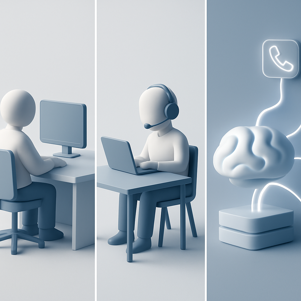 A three-panel graphic comparing an in-house receptionist at a desk, a remote virtual receptionist, and a central AI brain managing calls and appointments.