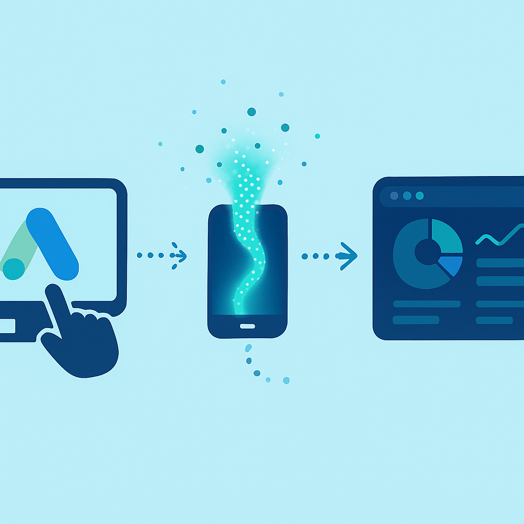 A data visualization showing a Google Ad click leading to a phone call, with data flowing into a Google Ads dashboard, illustrating the process of call tracking attribution.
