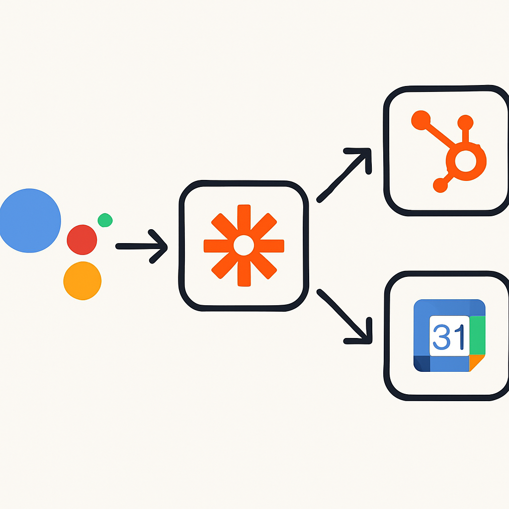 Diagram showing a voice assistant icon connected via the Zapier logo to the HubSpot and Google Calendar icons.