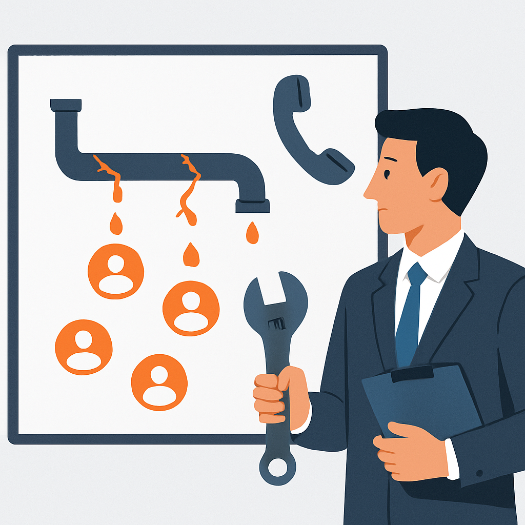 Illustration of a business professional diagnosing a leaky phone system diagram, symbolizing finding the cause of missed calls.