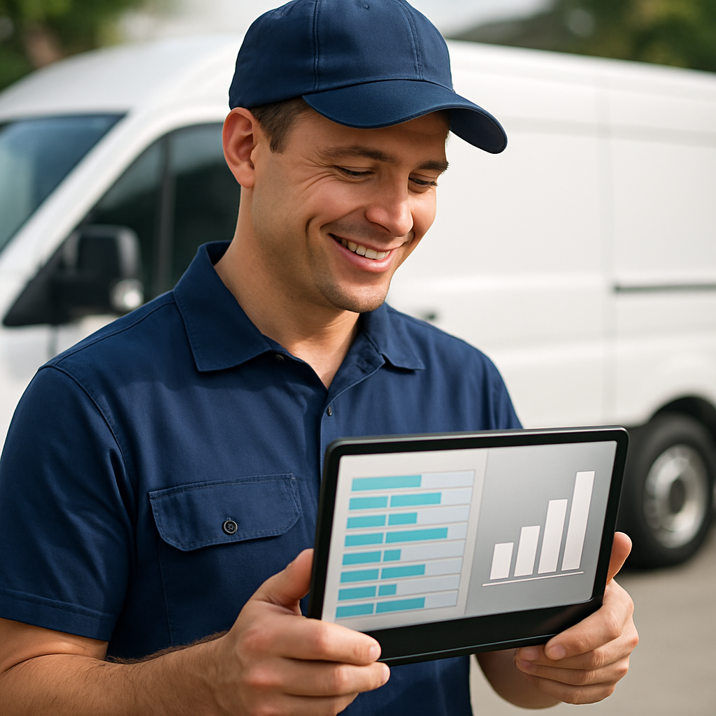 A tradesperson looking at a tablet showing a rising revenue graph, illustrating the positive ROI of an AI receptionist.