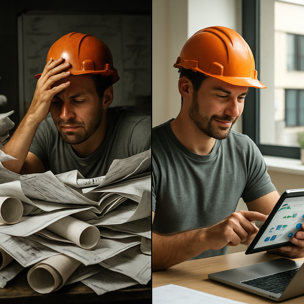 A split-screen image contrasting a stressed flooring contractor in a chaotic paper-filled office with a calm contractor using a digital tablet in a modern office, symbolizing the shift from manual to automated processes.