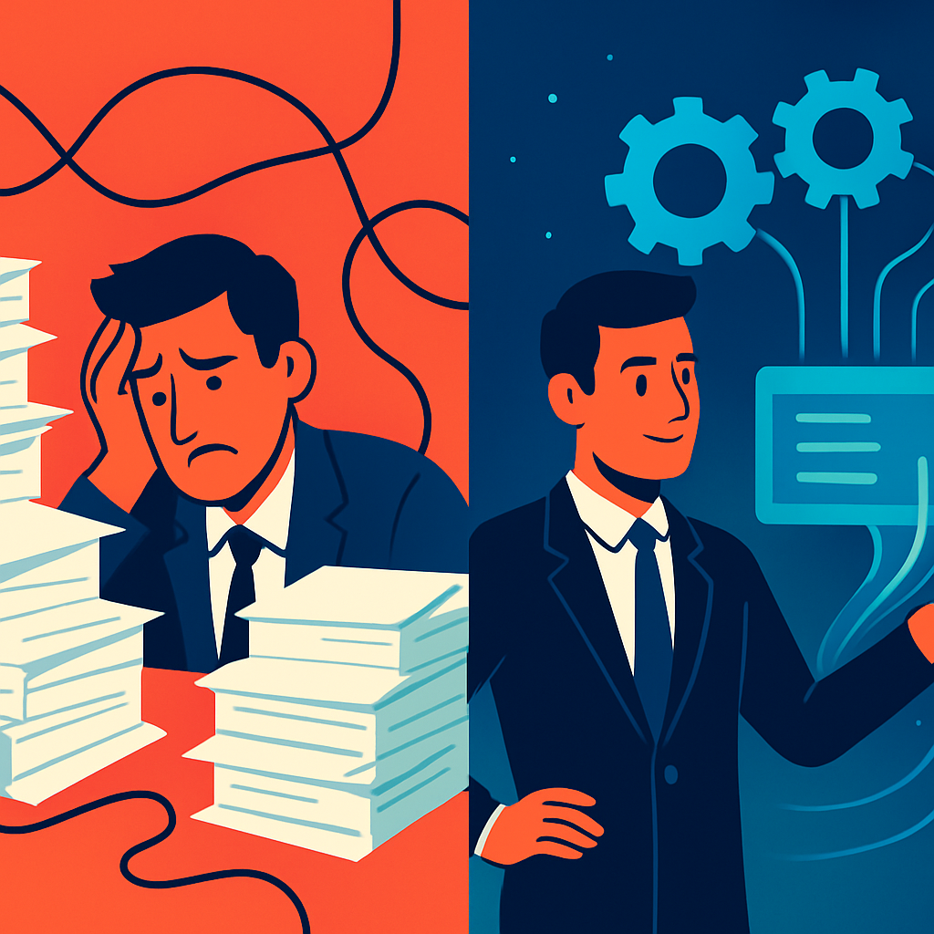 A split-screen illustration contrasting the chaos of manual paperwork with the order of AI-driven efficiency.