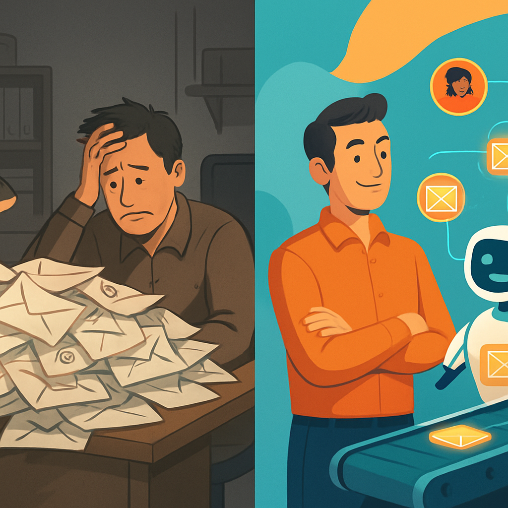 A split-screen showing a stressed business owner buried in paper versus a relaxed owner using an AI system for email outreach.