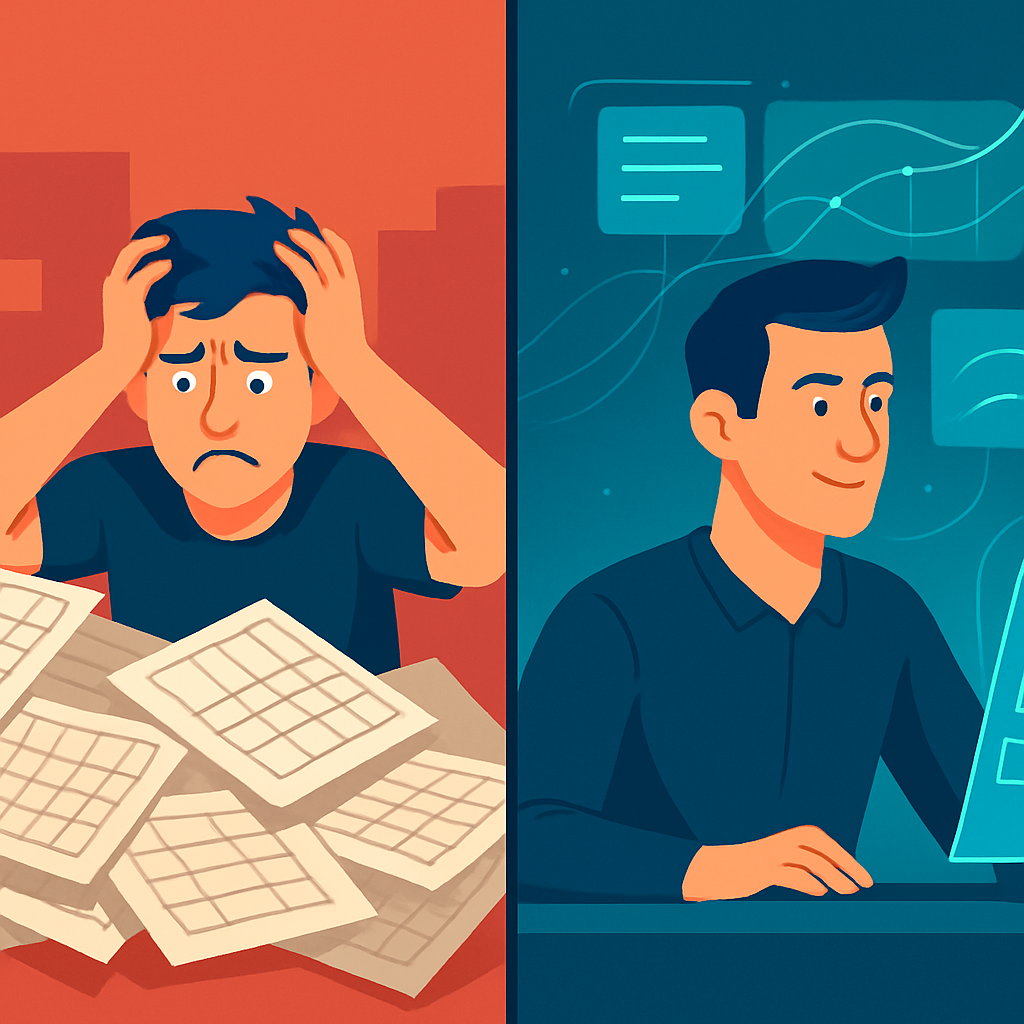 A split-panel illustration contrasting traditional vs. AI keyword research. The left shows a frustrated SEO under messy spreadsheets; the right shows a calm SEO using a clean AI interface.