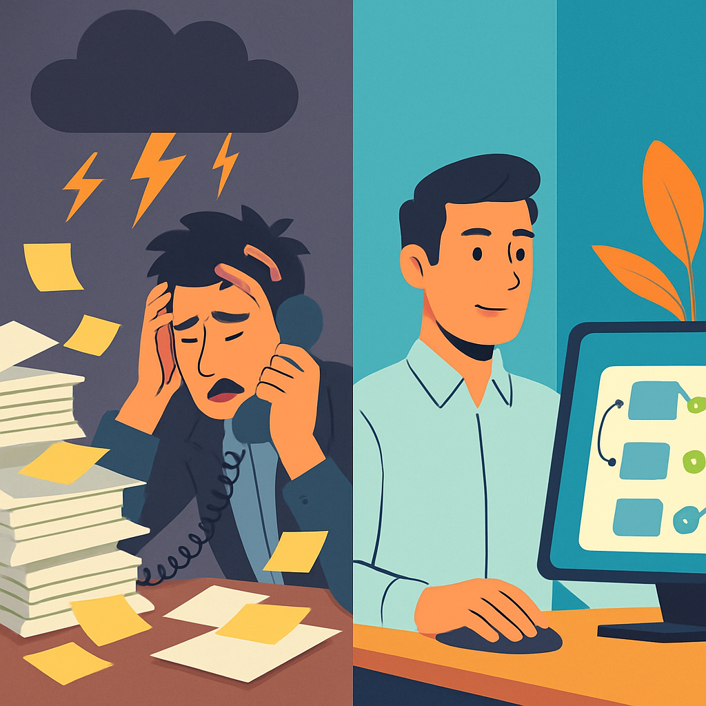 A dynamic split-panel illustration. The left side depicts chaos: a frustrated manager is buried under stacks of physical paperwork, tangled phone cords, and messy sticky notes, with a stormy cloud overhead. The right side depicts control: the same manager, now looking confident and relaxed, oversees a clean, glowing digital dashboard on a sleek monitor that displays a smooth, automated workflow with green checkmarks. Style: modern flat design, vibrant, contrasting color palettes (muted and chaotic on the left, bright and organized on the right), motivational.. [Description of scene/style/etc.]. No text, writing, words, letters, numbers, or symbols anywhere in the image.