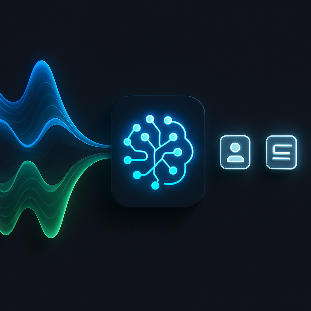 Abstract diagram showing sound waves entering a neural network and exiting as icons for appointments and leads, illustrating how an AI receptionist works.