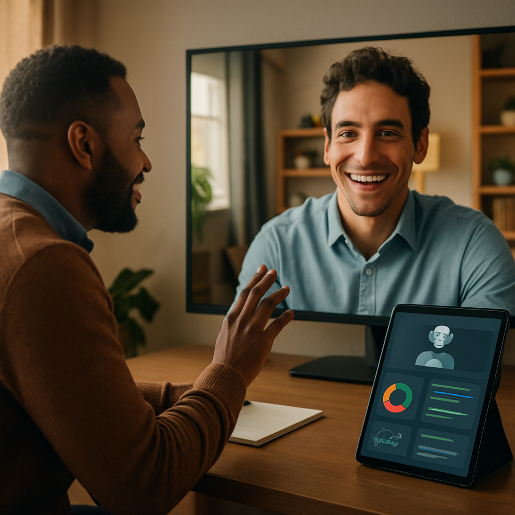 A warm, photorealistic image of a customer success manager having a positive video call with a new client on a large screen. Beside the main screen, a smaller tablet displays an AI assistant interface with helpful data visualizations, client sentiment analysis, and suggested next steps. The focus is on the human connection and strategic guidance, with the AI acting as a powerful, non-intrusive tool in the background. Mood: professional, supportive, tech-savvy.. [Description of scene/style/etc.]. No text, writing, words, letters, numbers, or symbols anywhere in the image.