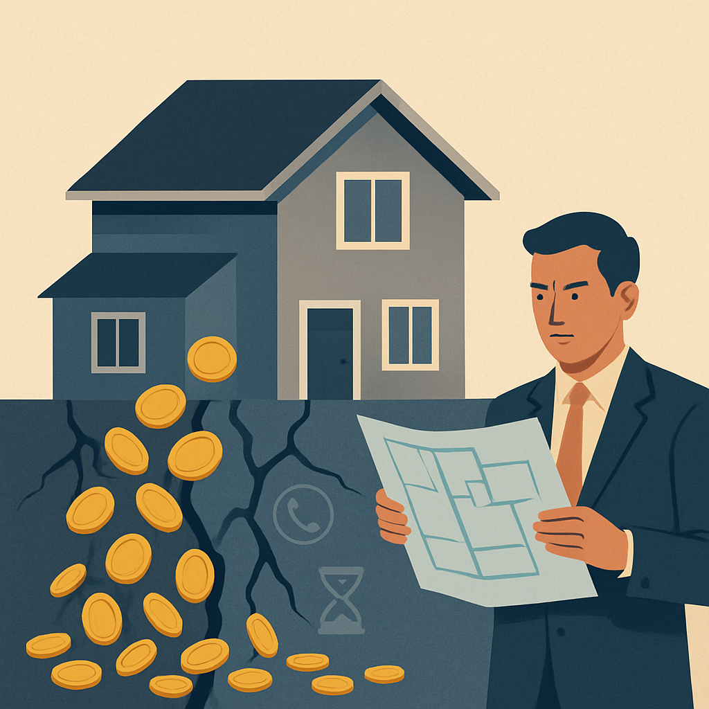A modern house representing a realtor's business with golden coins leaking from cracks in the foundation, symbolizing lost commission from missed calls and delays.