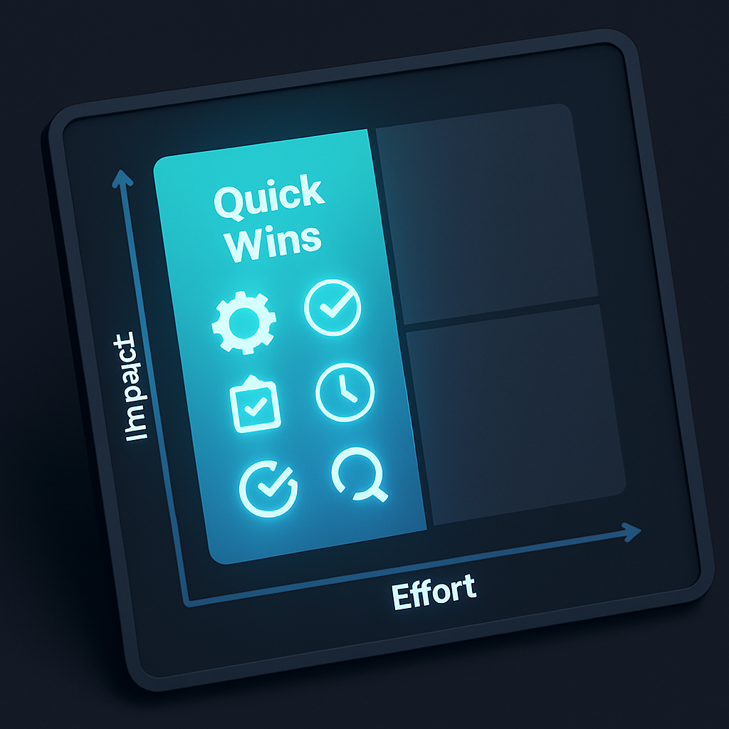 A 2x2 Impact vs. Effort matrix diagram used for prioritizing AI tasks, with the 'Quick Wins' quadrant highlighted.