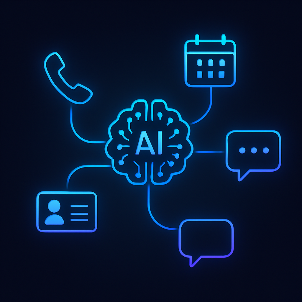 A diagram of a central AI icon connected by glowing lines to business tool icons for phone, calendar, and CRM, showing seamless integration.