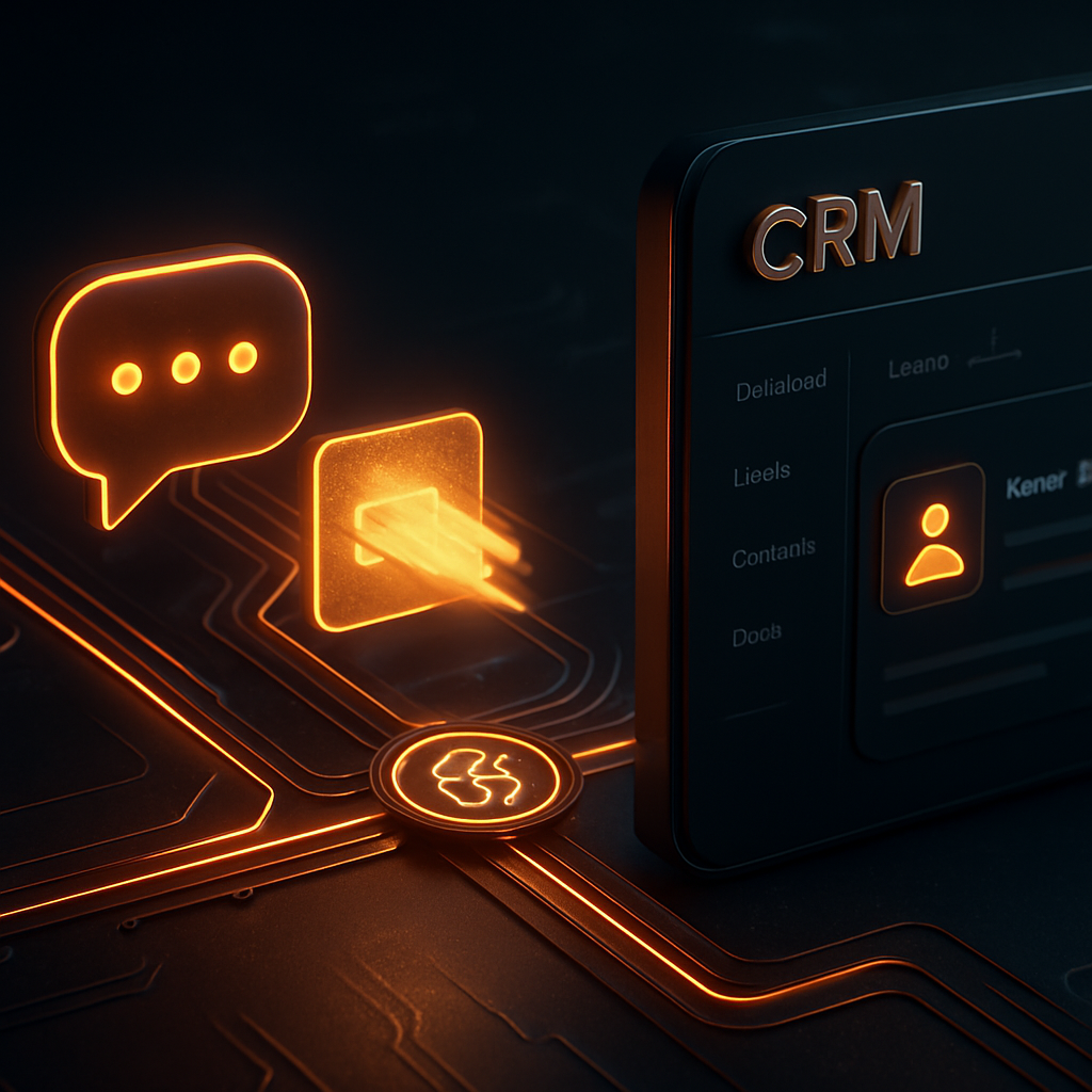 A visualization of a seamless data flow where information from a chat bubble travels along a circuit, through a BANT framework checkpoint, and into a CRM dashboard, creating a new lead profile instantly.
