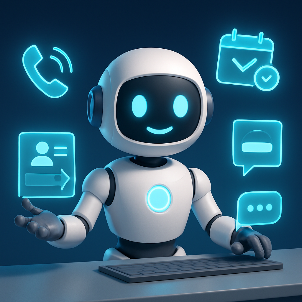 A friendly AI robot multitasking at a command center, handling calls, booking appointments, and updating a CRM, illustrating the efficiency of a 24/7 AI receptionist.