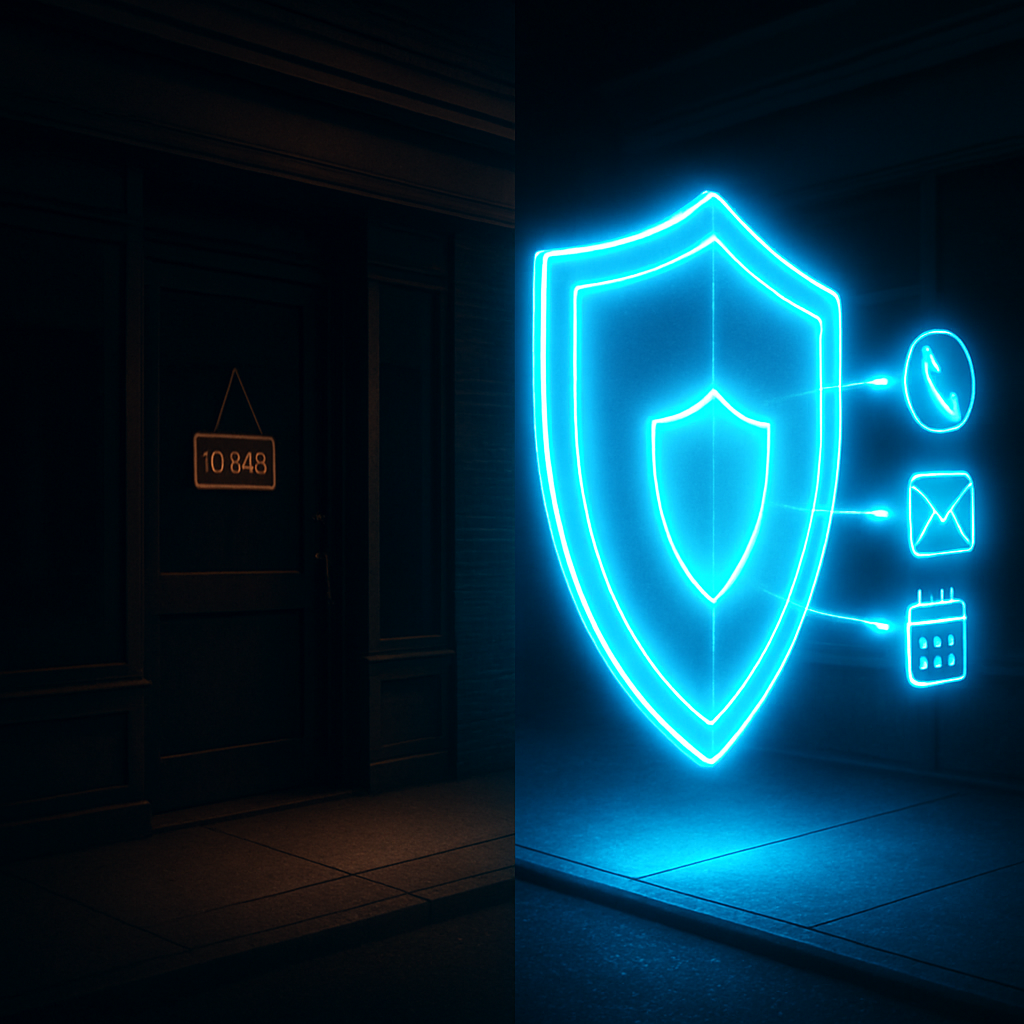 A visual metaphor showing a closed small business at night protected by a digital shield that captures incoming leads, representing a 24/7 AI receptionist service.