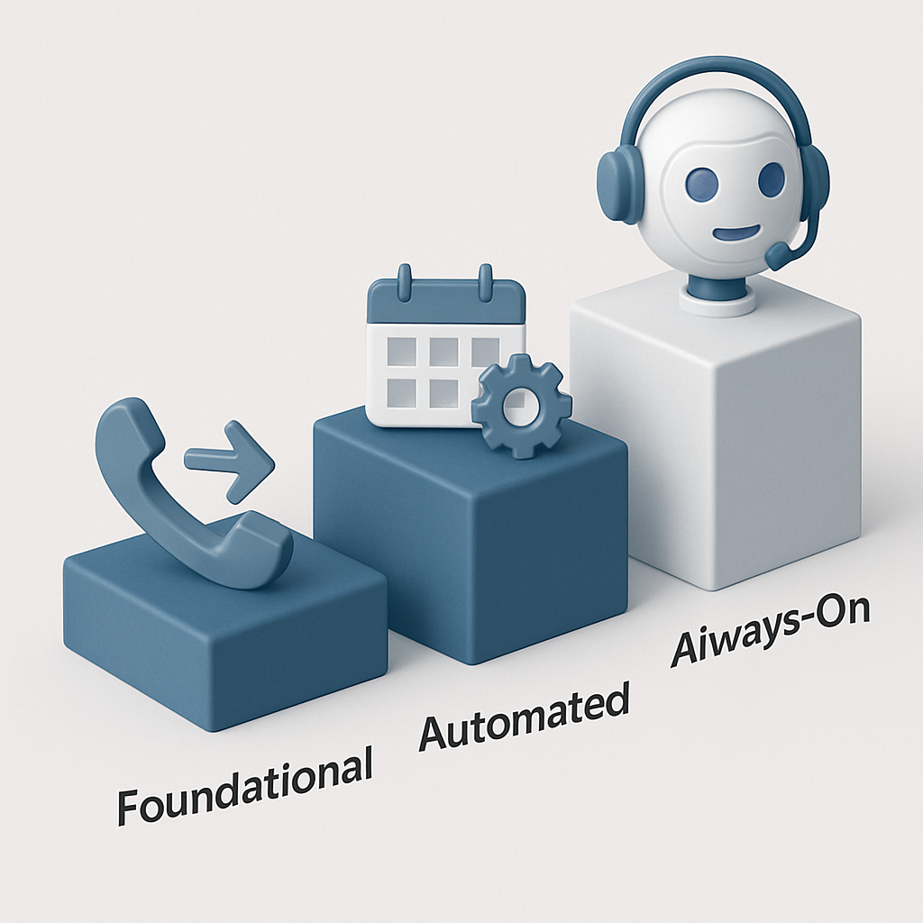 An infographic showing a three-step ascending path representing the lead capture maturity model: Foundational (phone forward), Automated (calendar/email), and Always-On (AI receptionist).