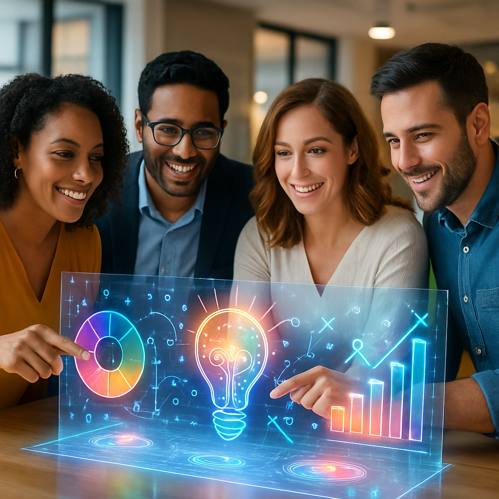 An optimistic scene of a diverse marketing team collaborating around a holographic interface, using their expertise to guide AI-generated data and creative ideas.