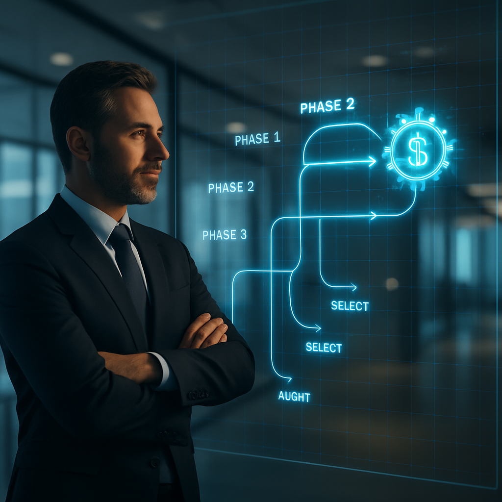 A business leader examining a holographic blueprint that outlines a three-phase AI implementation plan leading to successful ROI.
