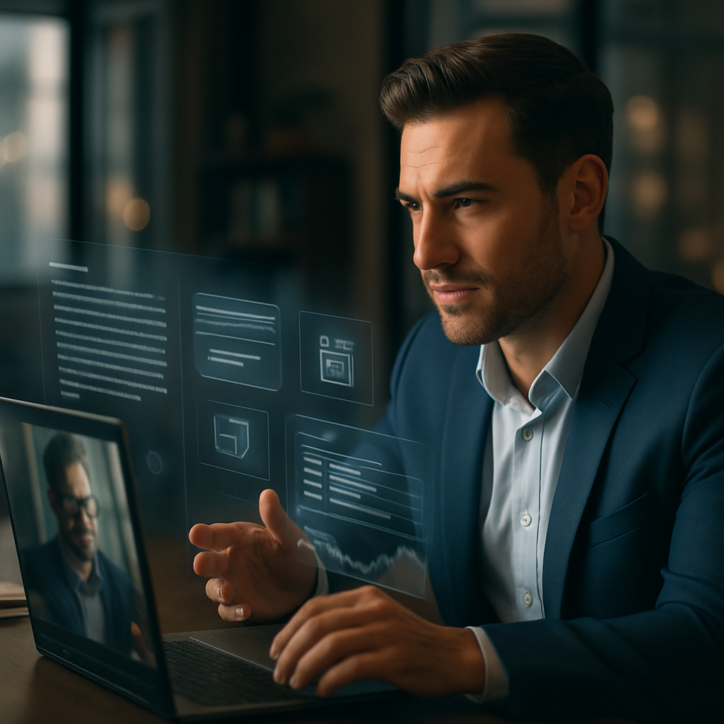 A sales professional on a video call while an AI sales assistant in the foreground transcribes and automates tasks, showing human-AI collaboration.