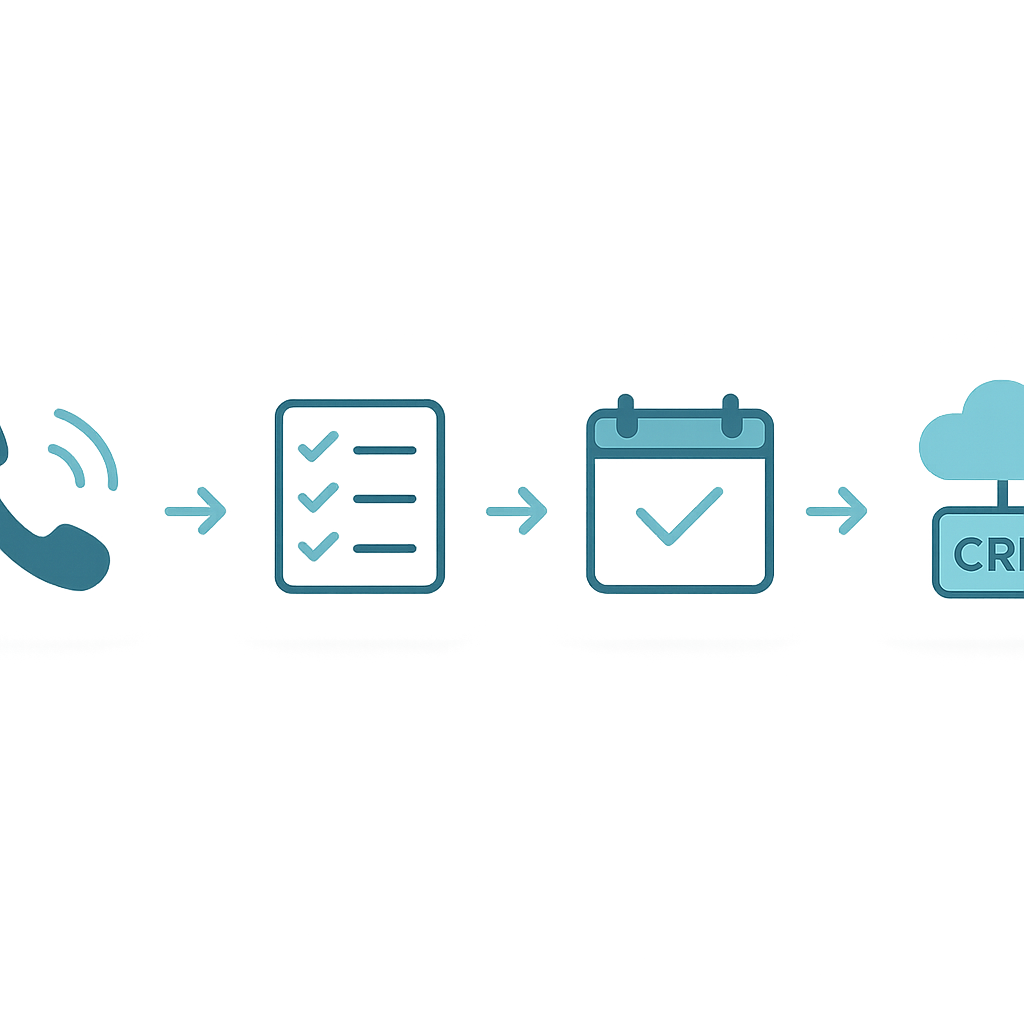 Infographic showing the four-step AI workflow: Triage, Qualify, Book, and Sync, connected by arrows.