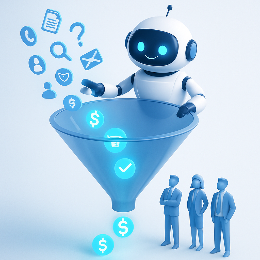An AI robot stands at the top of a funnel, intelligently sorting various icons representing leads, allowing only the high-value ones to pass through to a sales team below.