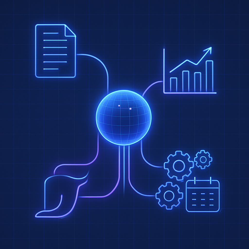 A technical blueprint showing an AI platform with three outputs: generative content, predictive analytics, and automation.