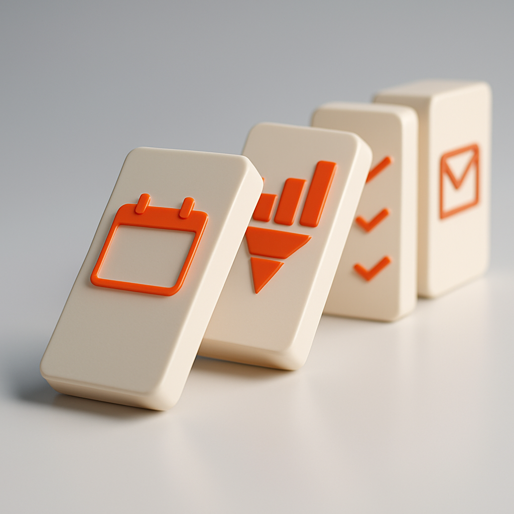 A domino effect where a calendar appointment icon starts a chain reaction, triggering icons for a sales pipeline, tasks, and email.