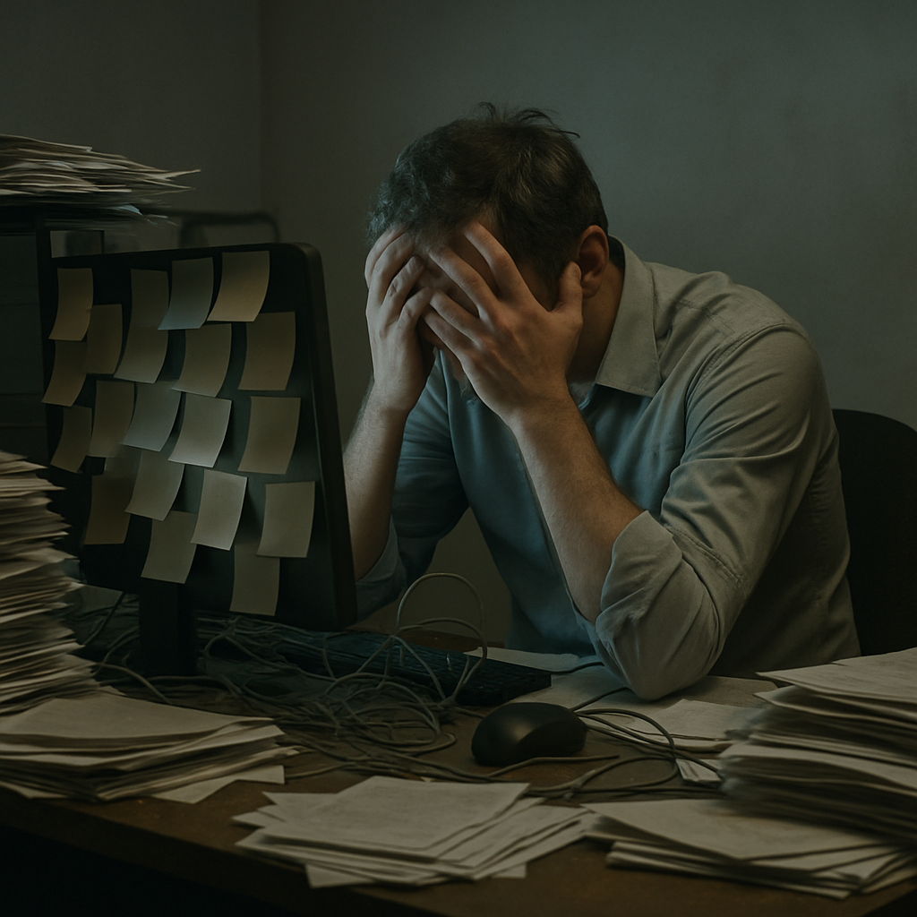 A stressed business owner at a cluttered desk, symbolizing overwhelming manual tasks and workflow chaos.