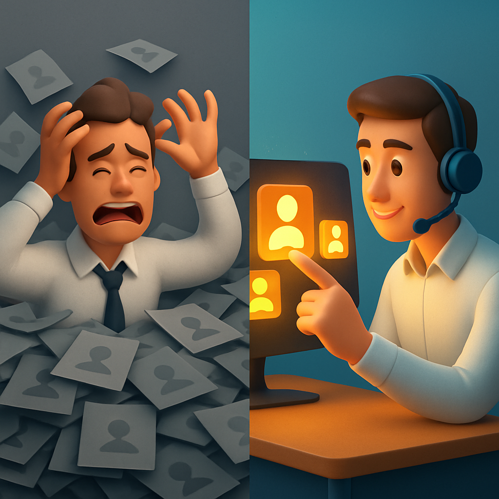 A split-screen illustration showing a frustrated salesperson overwhelmed by gray paper files on the left, and a calm salesperson viewing a few golden digital profiles on the right, symbolizing the difference between unqualified and qualified leads.