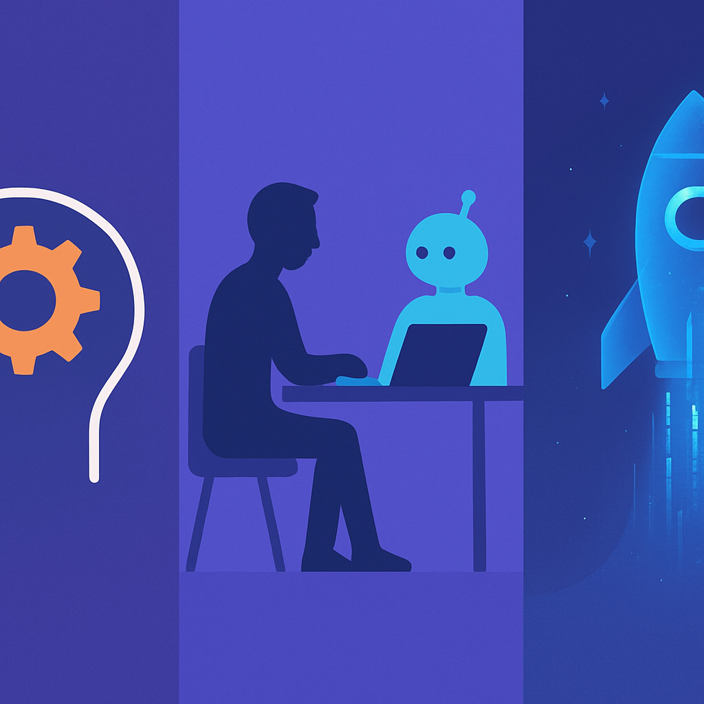 A three-panel illustration showing the 'Crawl, Walk, Run' framework: a gear in a brain for internal efficiency, a human and robot collaborating, and a data rocket launching for innovation.