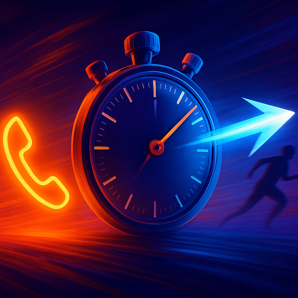 An abstract illustration of a race against time for a new lead, showing a stopwatch nearing 5 minutes, with a fast AI arrow capturing the lead ahead of a slow human shadow.