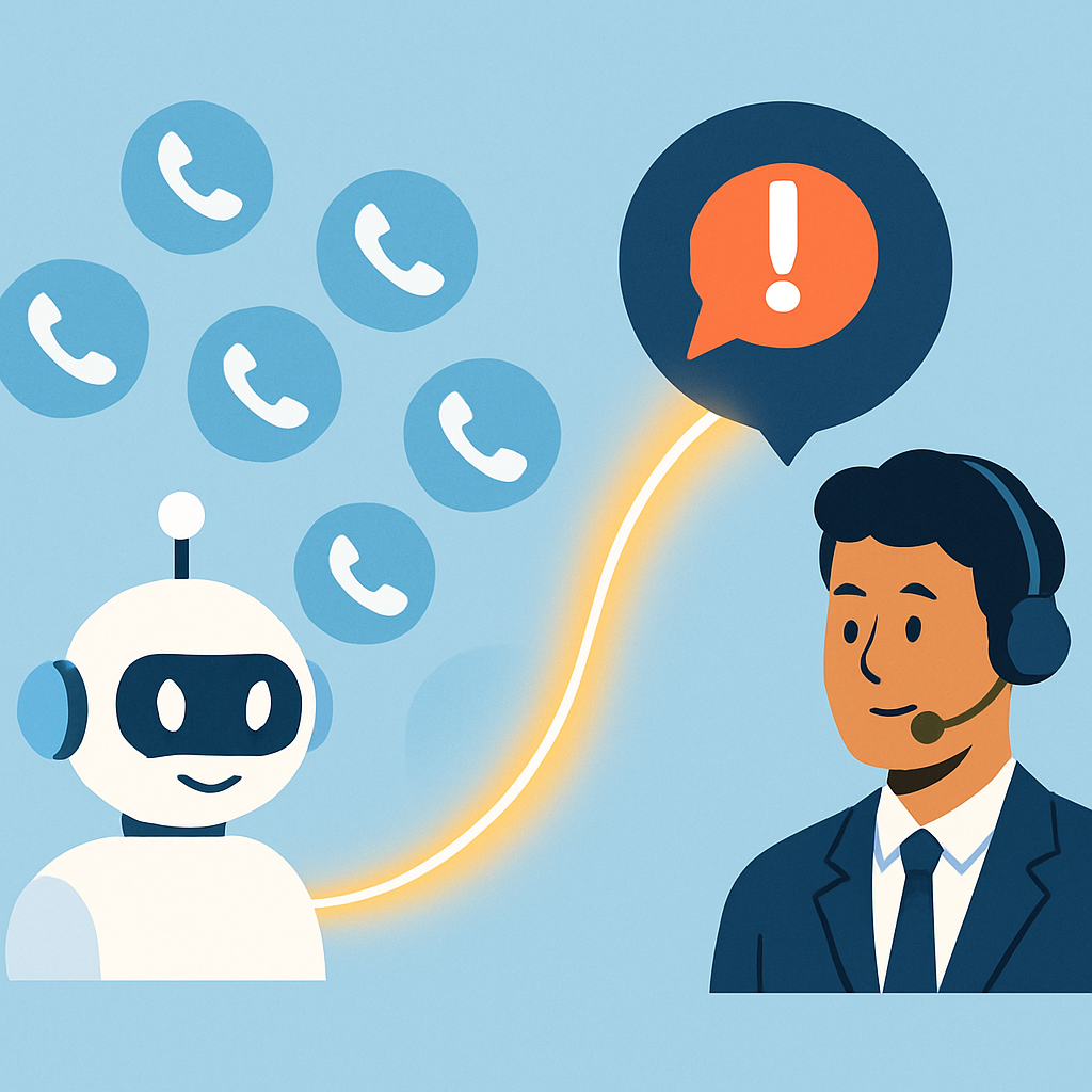 A workflow diagram showing an AI bot handling many simple calls and escalating one complex call to a human agent, illustrating the hybrid model.
