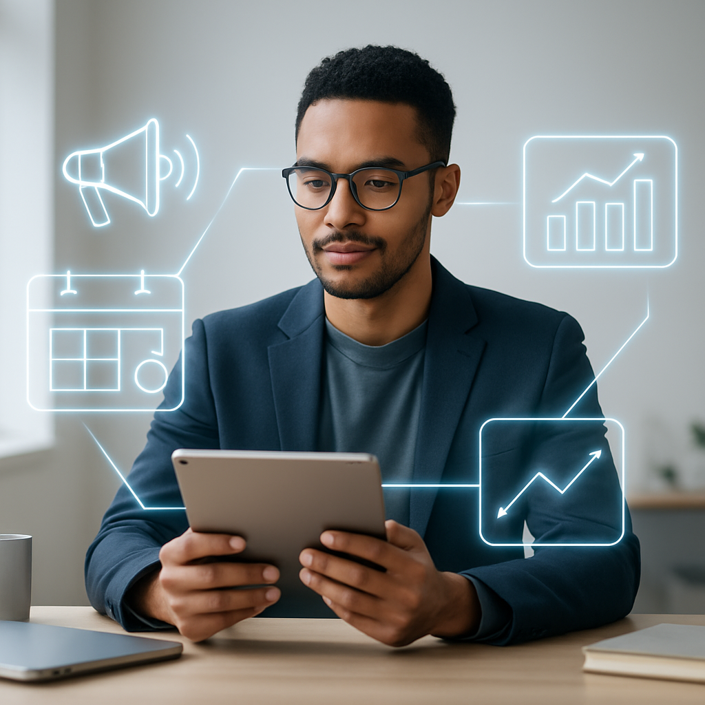 A confident solopreneur at a modern desk, with glowing icons symbolizing an AI workforce handling tasks.