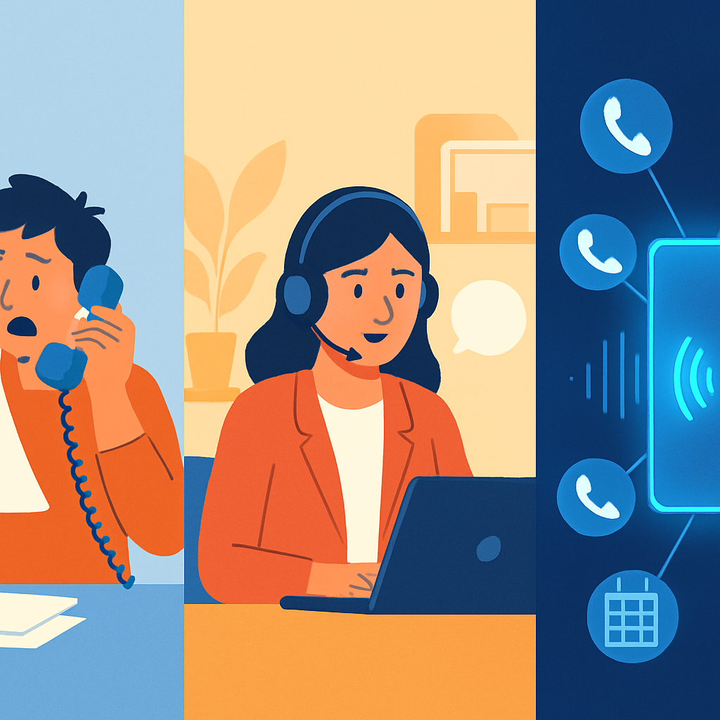 A three-panel illustration showing the evolution of call handling: a stressed business owner, a professional human operator, and an efficient AI receptionist.