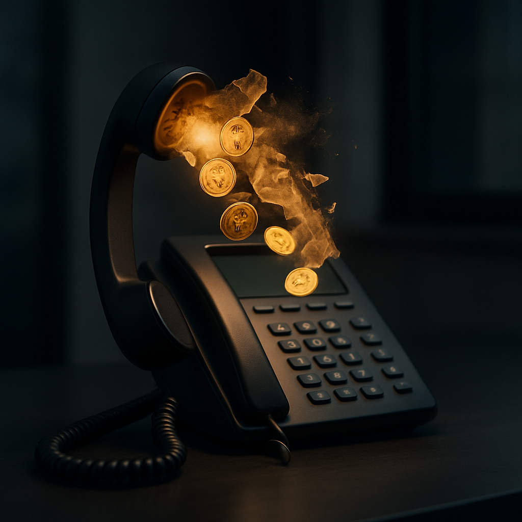 Symbolic image of an unanswered office phone with coins and dollar bills pouring out, representing the financial drain of a missed call.