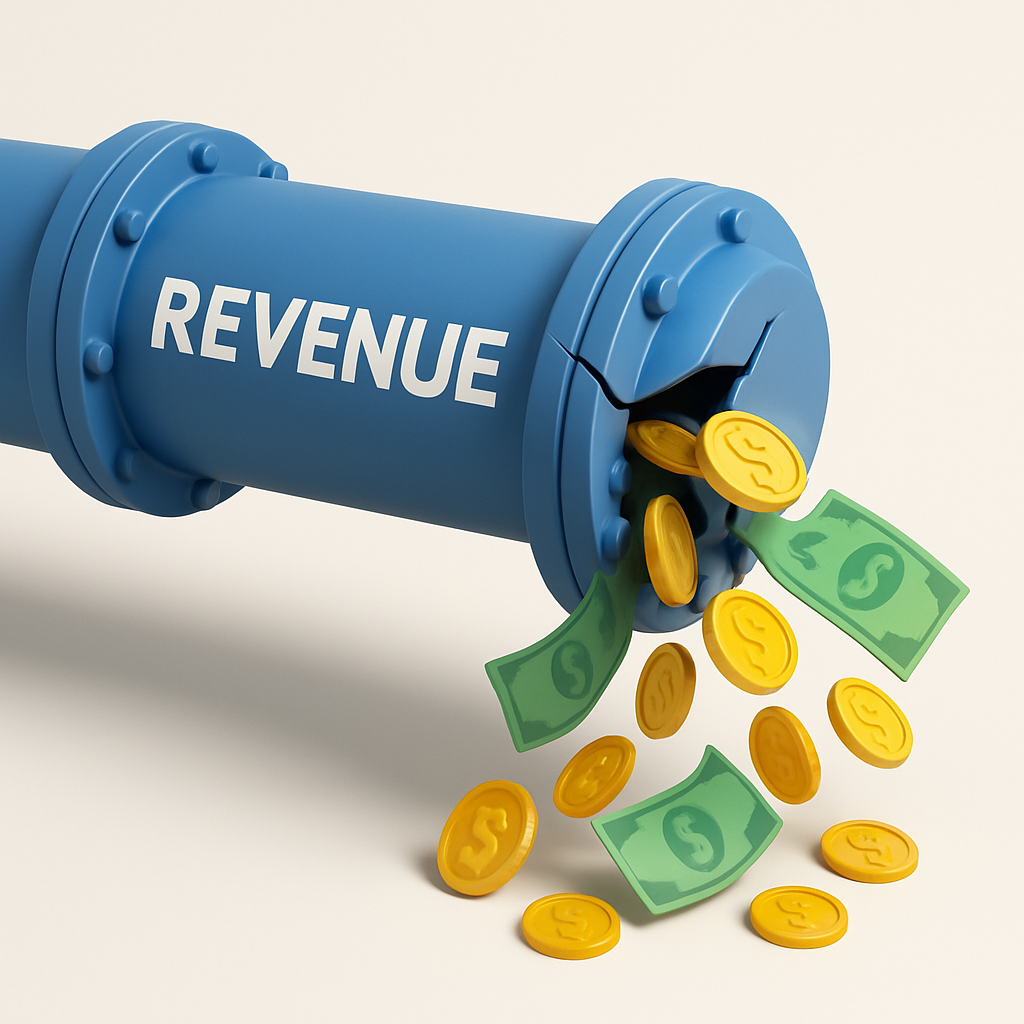 A metaphorical illustration of a large pipe representing a business's revenue stream, with a crack from which golden coins are gushing out, symbolizing lost revenue from missed calls.