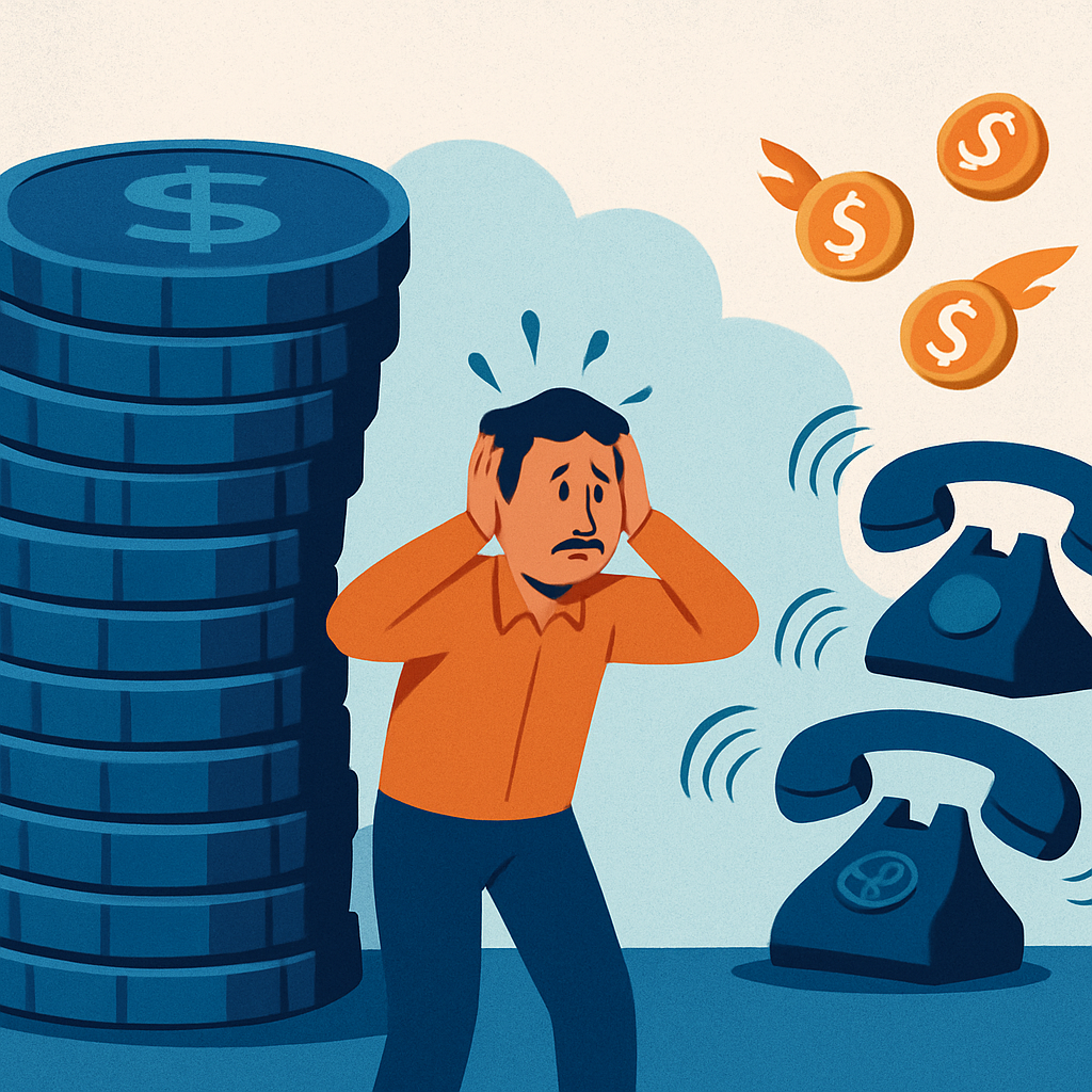 A stressed business owner is visually squeezed between a stack of coins representing high costs and ringing phones symbolizing lost revenue from missed calls.