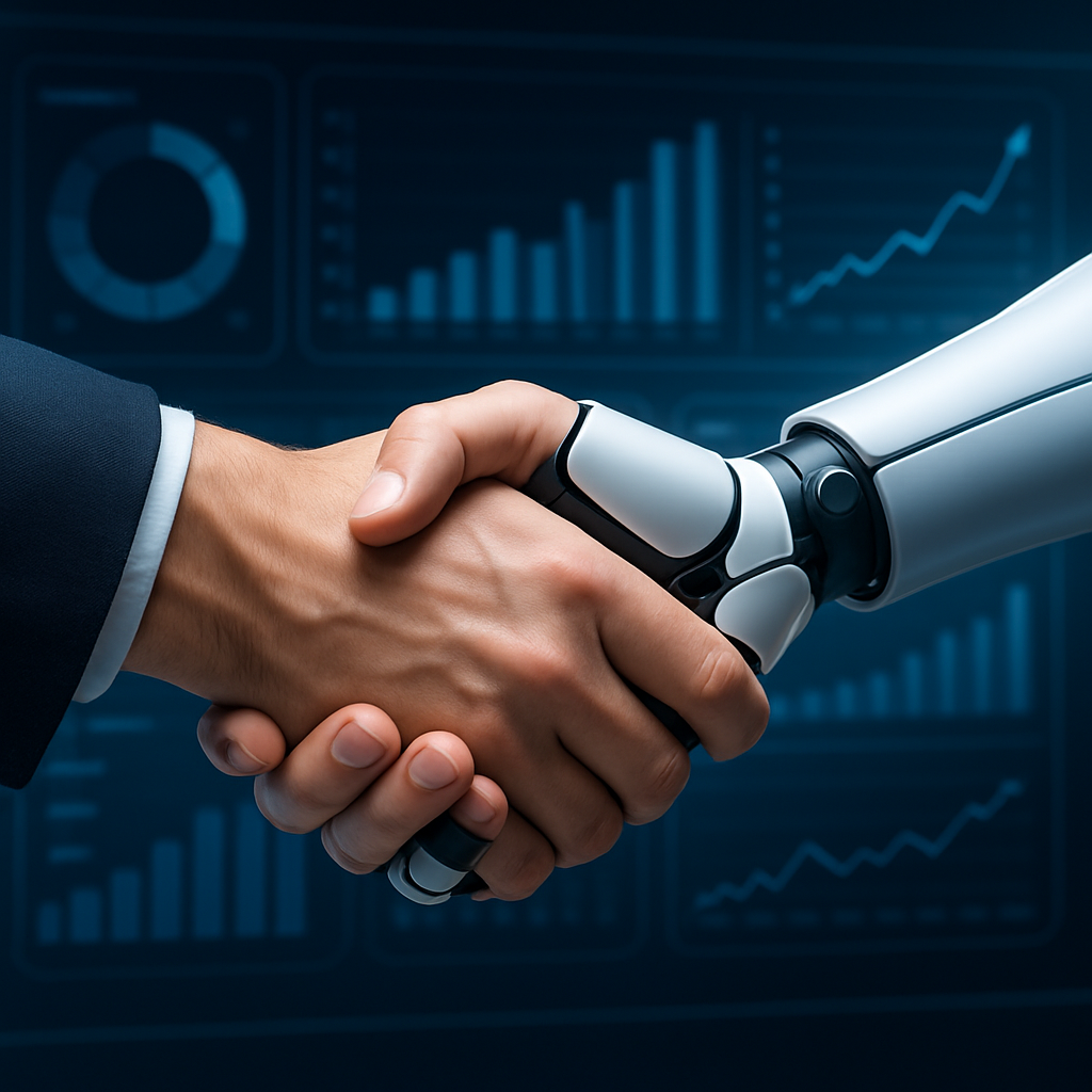 A human hand and a robotic hand shaking in partnership in front of a dashboard with positive sales metrics, symbolizing the future of sales.