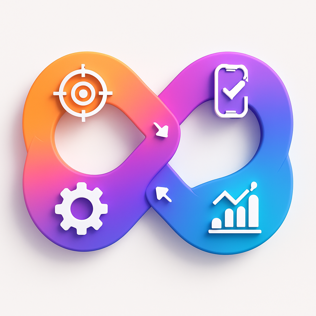 A 3D flywheel diagram with four icons representing the continuous cycle of Google Ads optimization: Ad Optimization, Quality Call, Data Analysis, and Campaign Refinement.