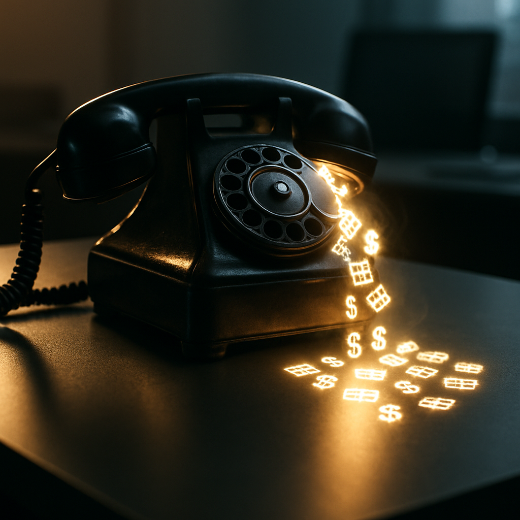 A vintage rotary phone on a modern desk with glowing dollar signs and calendar icons leaking from the earpiece, symbolizing lost revenue from missed calls.